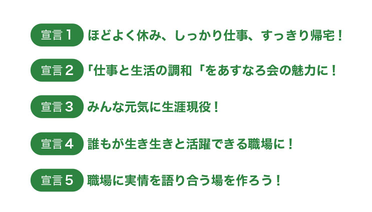 ほどよく休み、しっかり仕事、すっきり帰宅!「仕事と生活の調和「をあすなろ会の魅力に!みんな元気に生涯現役!誰もが生き生きと活躍できる職場に!職場に実情を語り合う場を作ろう!